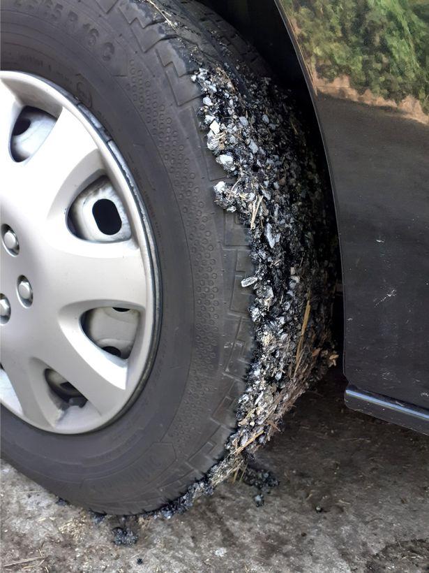 Louise said: "Both passenger-side tyres were completely covered in melted Tarmac" 